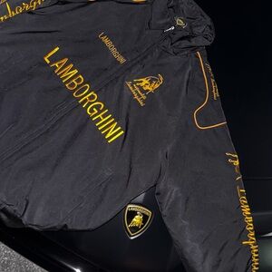 Lamborghini Black Windbreaker Jacket with Yellow Logo Accents